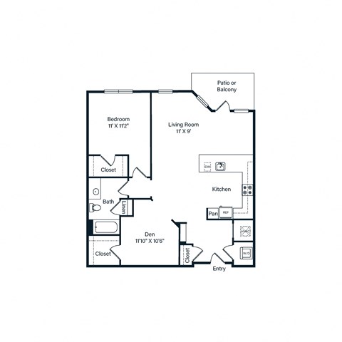 Floor plan for 1 bed, 1 bath, 943 sqft